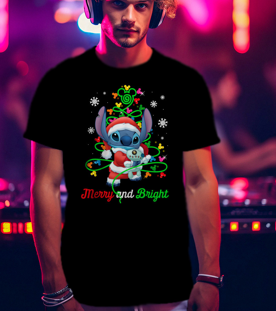 Merry And Bright Stitch Christmas Mickey Tree T-Shirt
