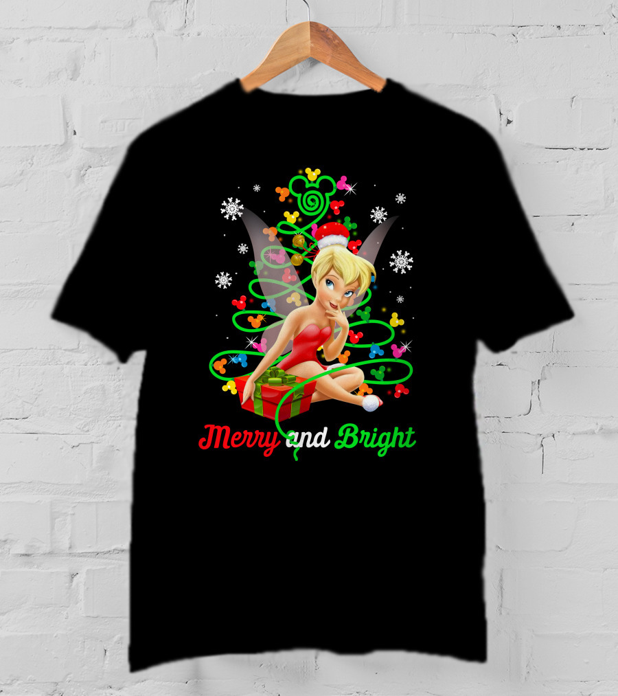 Merry And Bright Christmas Tinkerbell With Holiday Gift And Snowflakes T-Shirt