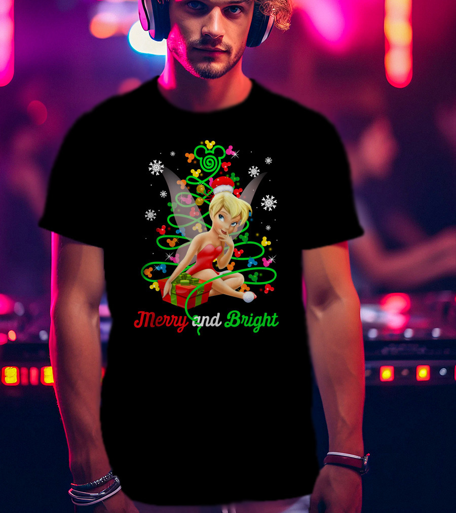 Merry And Bright Christmas Tinkerbell With Holiday Gift And Snowflakes T-Shirt
