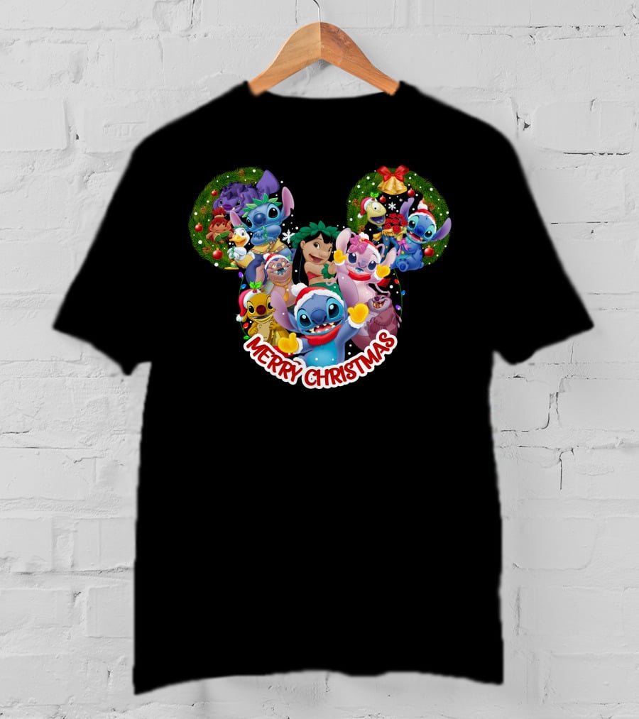 Merry Christmas Lilo And Stitch Disney Mickey Ears Wreath T-Shirt