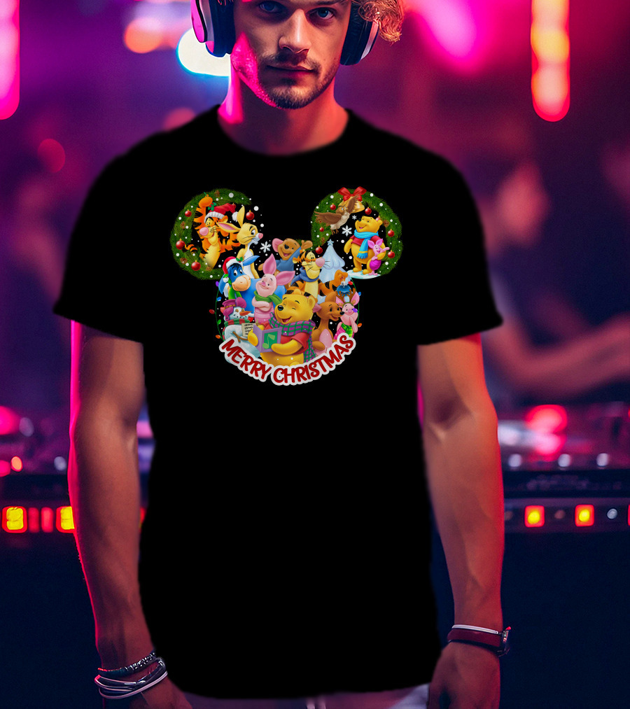 Merry Christmas Winnie The Pooh Disney Characters Mickey Ears T-Shirt