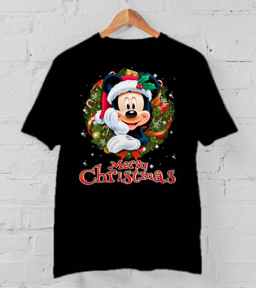 Mickey Merry Christmas Santa Hat With Holly Wreath T-Shirt