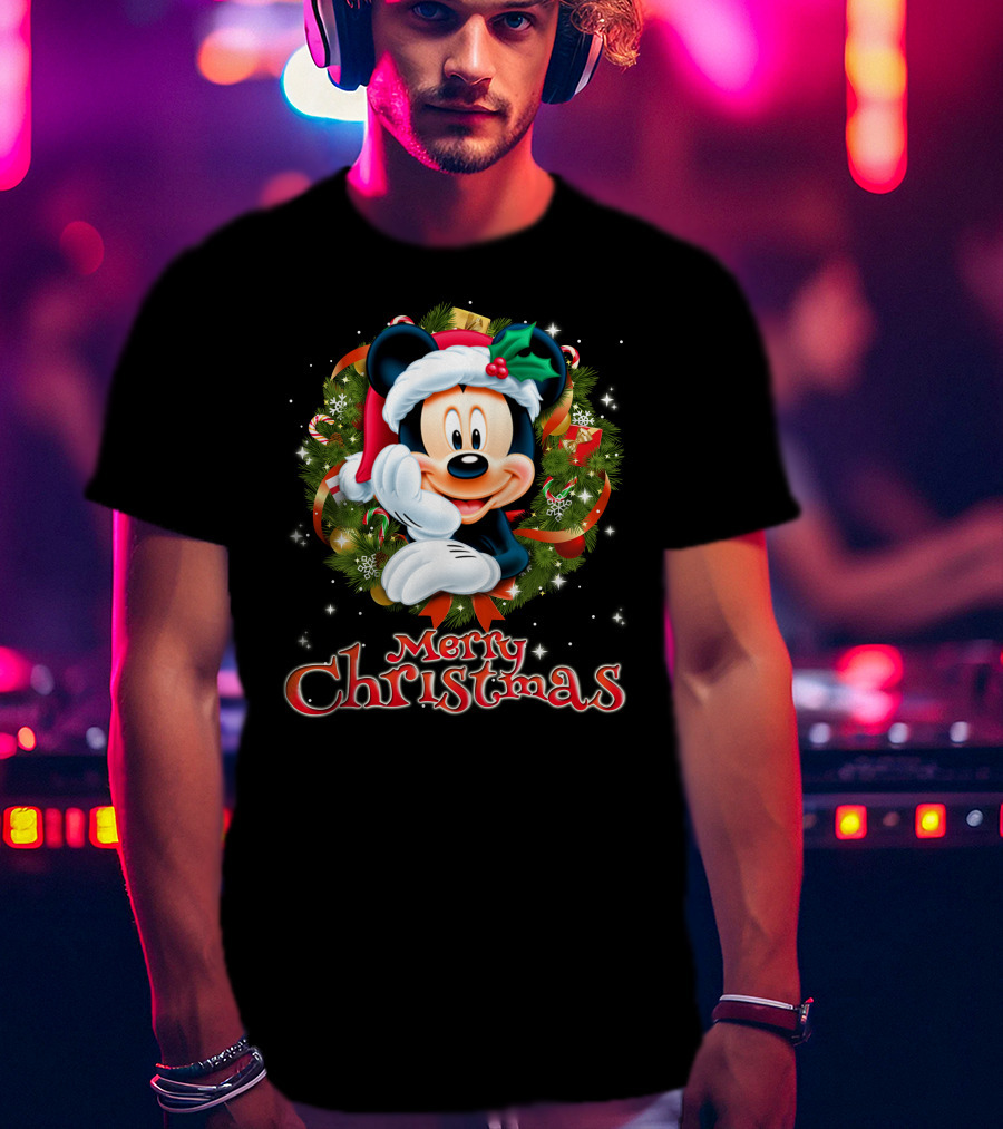 Mickey Merry Christmas Santa Hat With Holly Wreath T-Shirt