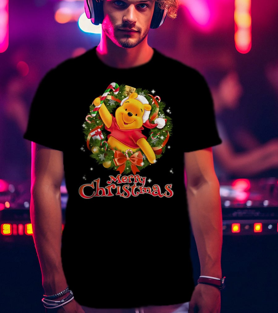 Merry Christmas Pooh Bear Wreath Candy Cane Santa Hat T-Shirt