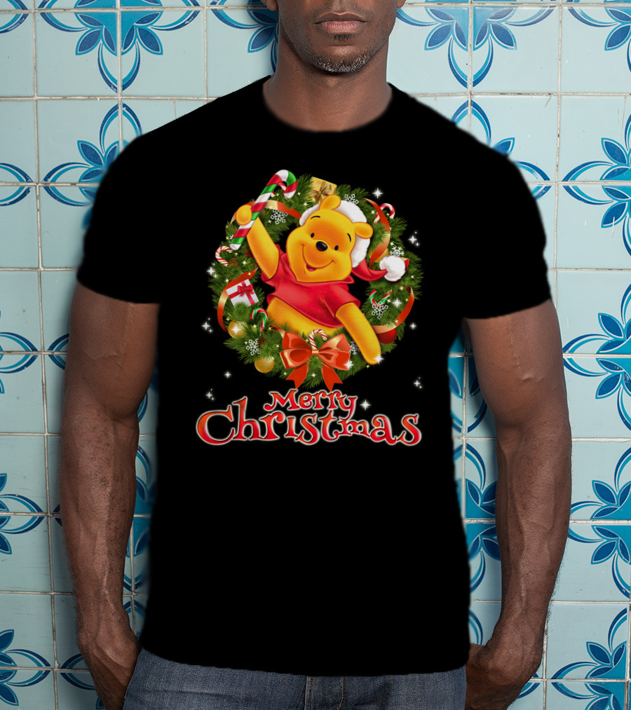 Merry Christmas Pooh Bear Wreath Candy Cane Santa Hat T-Shirt
