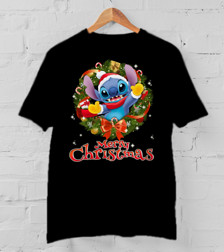 Merry Christmas Stitch Holiday Wreath Santa Hat Candy Cane T-Shirt