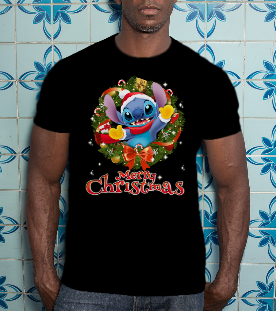 Merry Christmas Stitch Holiday Wreath Santa Hat Candy Cane T-Shirt