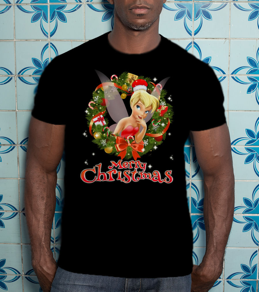 Merry Christmas Tinkerbell With Holiday Wreath T-Shirt