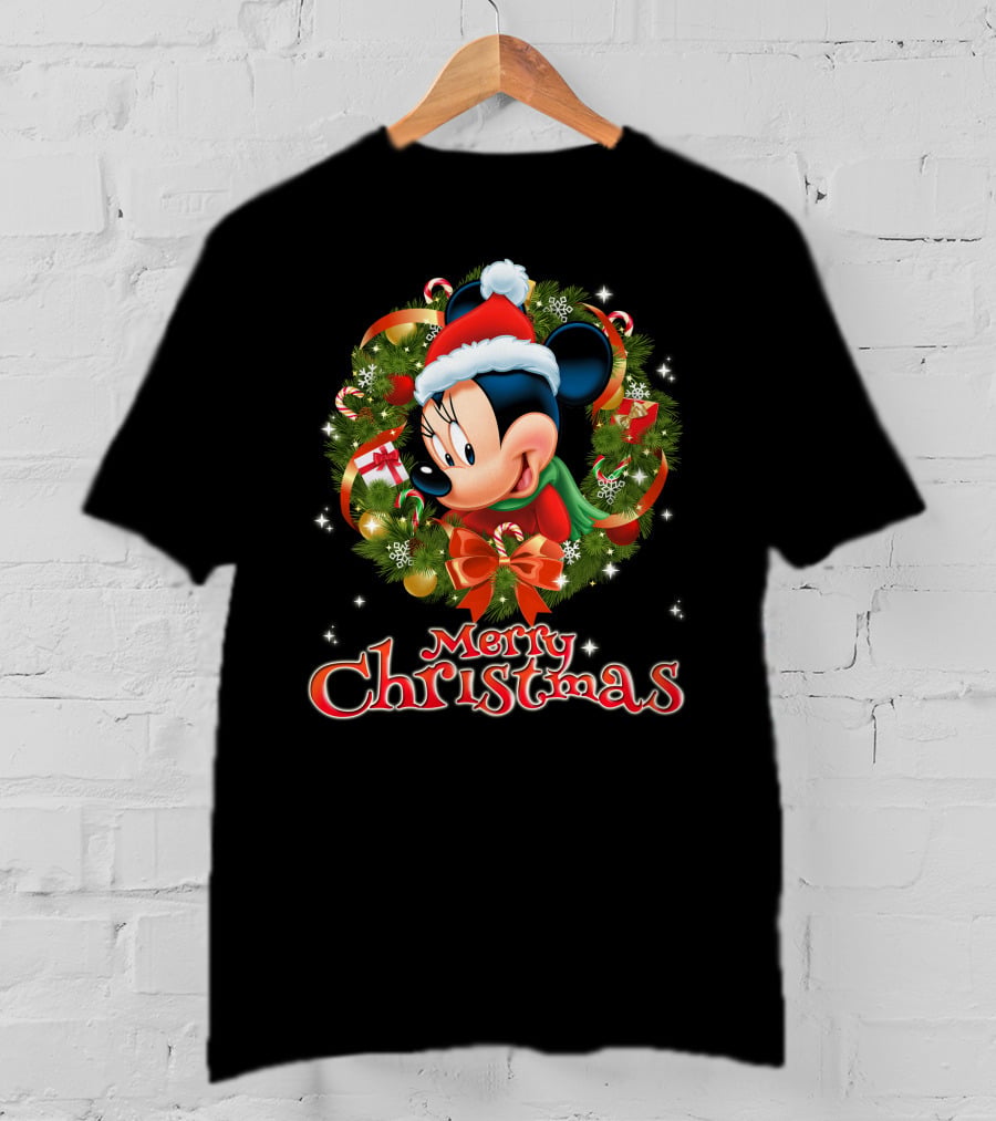 Merry Christmas Minnie Mouse Wreath With Santa Hat And Gifts T-Shirt