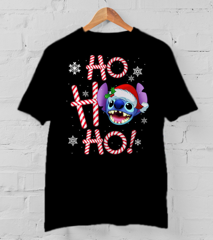 Ho Ho Ho Stitch Santa Hat Snowflakes Candy Cane T-Shirt