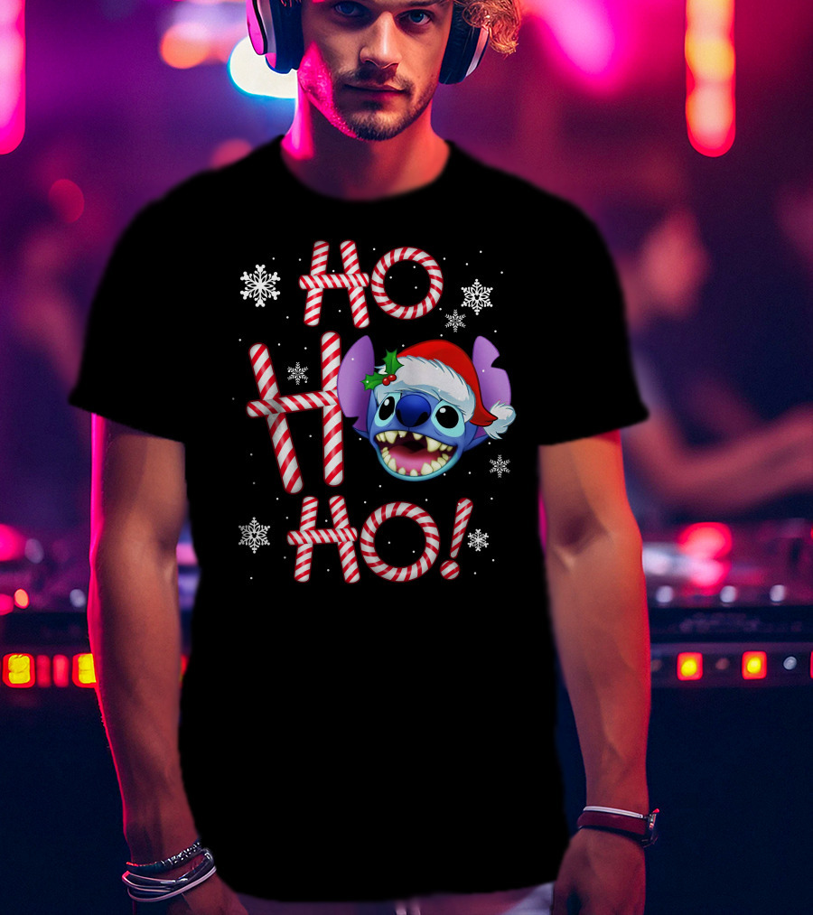 Ho Ho Ho Stitch Santa Hat Snowflakes Candy Cane T-Shirt