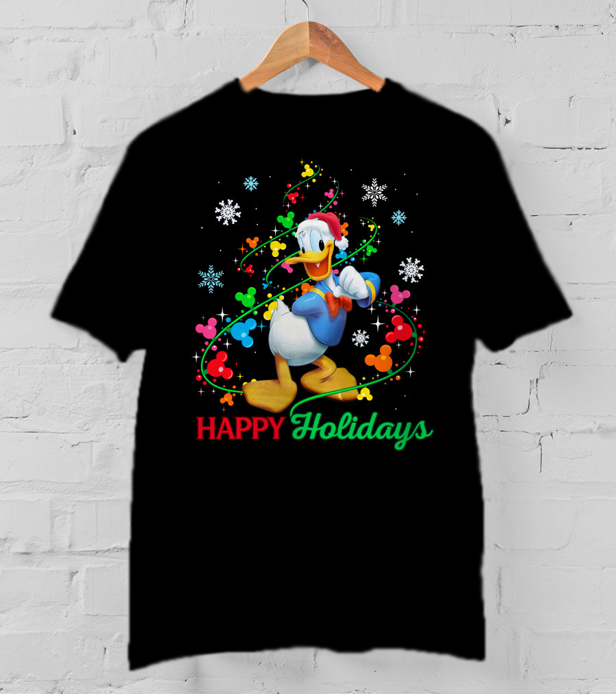 Happy Holidays Donald Duck Santa Hat Snowflake Icons And Mickey Heads T-Shirt