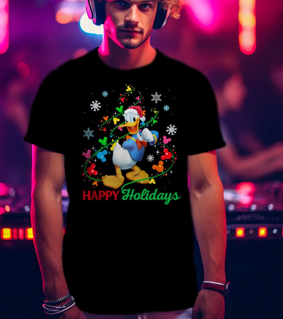 Happy Holidays Donald Duck Santa Hat Snowflake Icons And Mickey Heads T-Shirt
