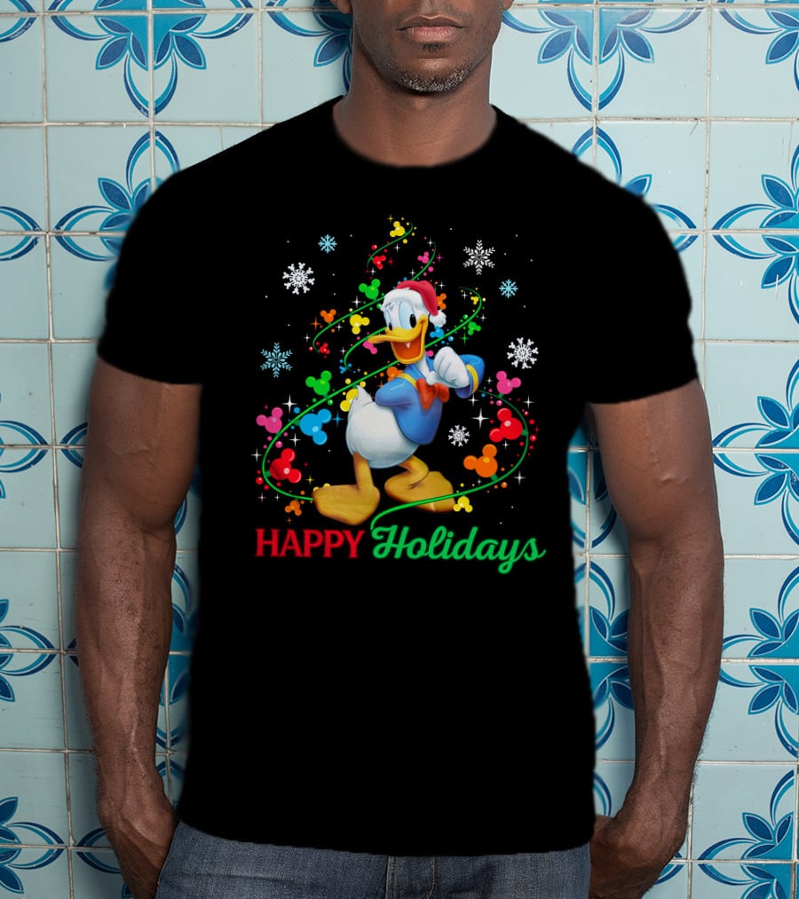 Happy Holidays Donald Duck Santa Hat Snowflake Icons And Mickey Heads T-Shirt