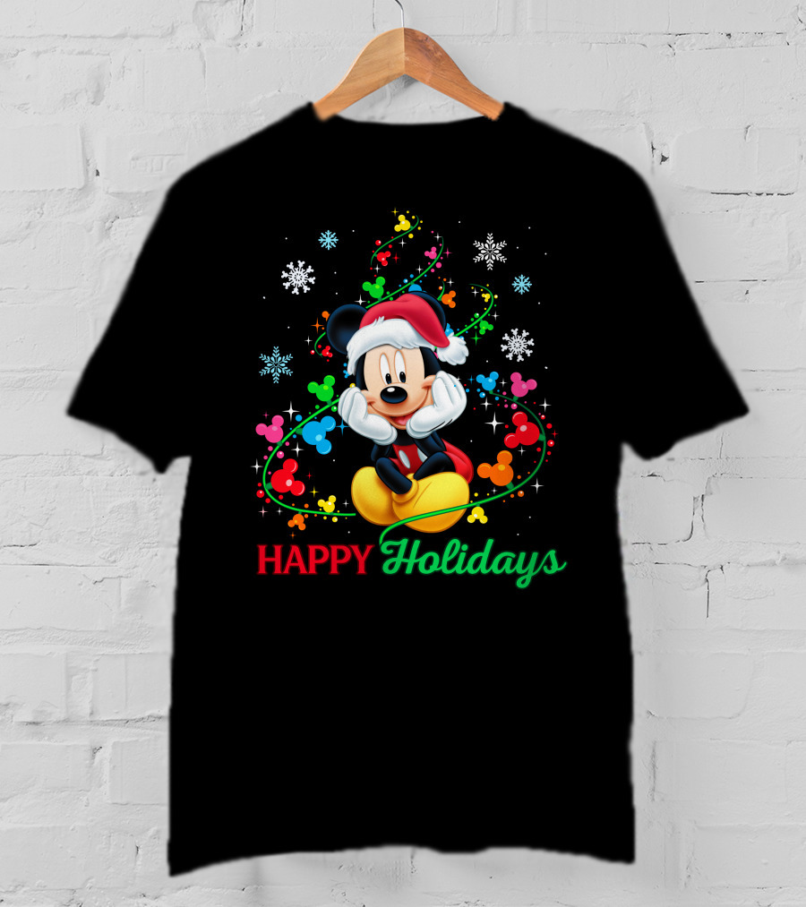Mickey Happy Holidays Snowflakes Christmas Lights T-Shirt