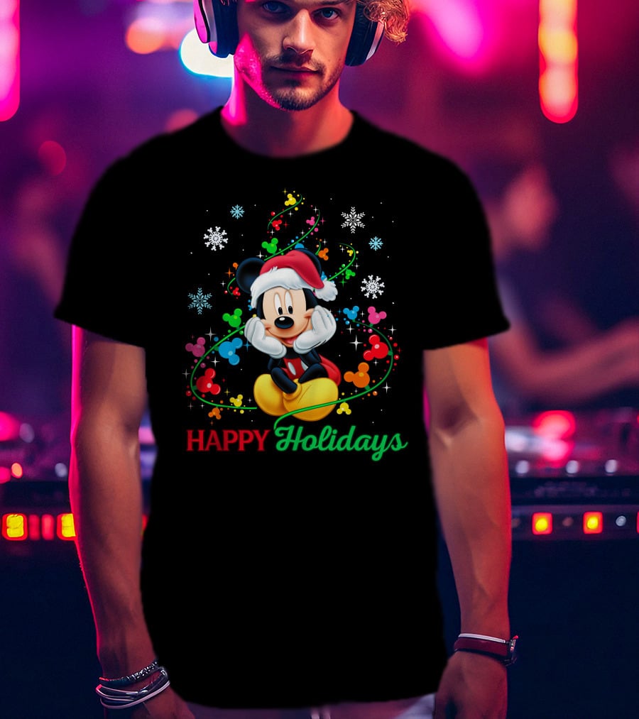 Mickey Happy Holidays Snowflakes Christmas Lights T-Shirt