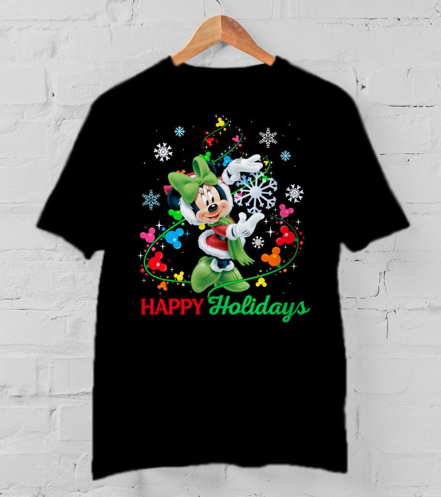 Happy Holidays Minnie Snowflakes And Colorful Mickey Icons T-Shirt