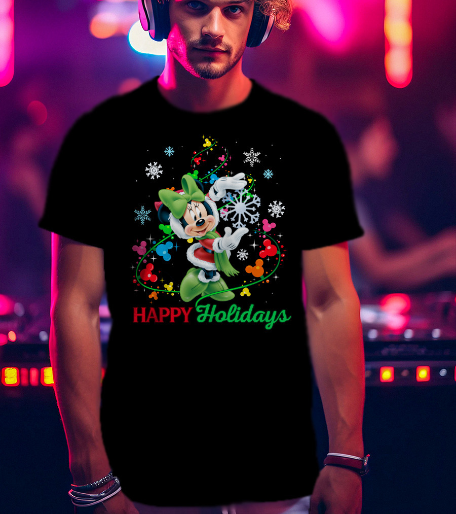 Happy Holidays Minnie Snowflakes And Colorful Mickey Icons T-Shirt