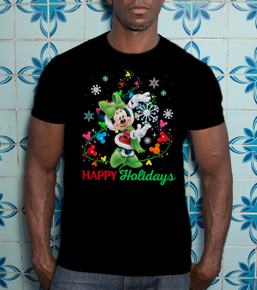 Happy Holidays Minnie Snowflakes And Colorful Mickey Icons T-Shirt