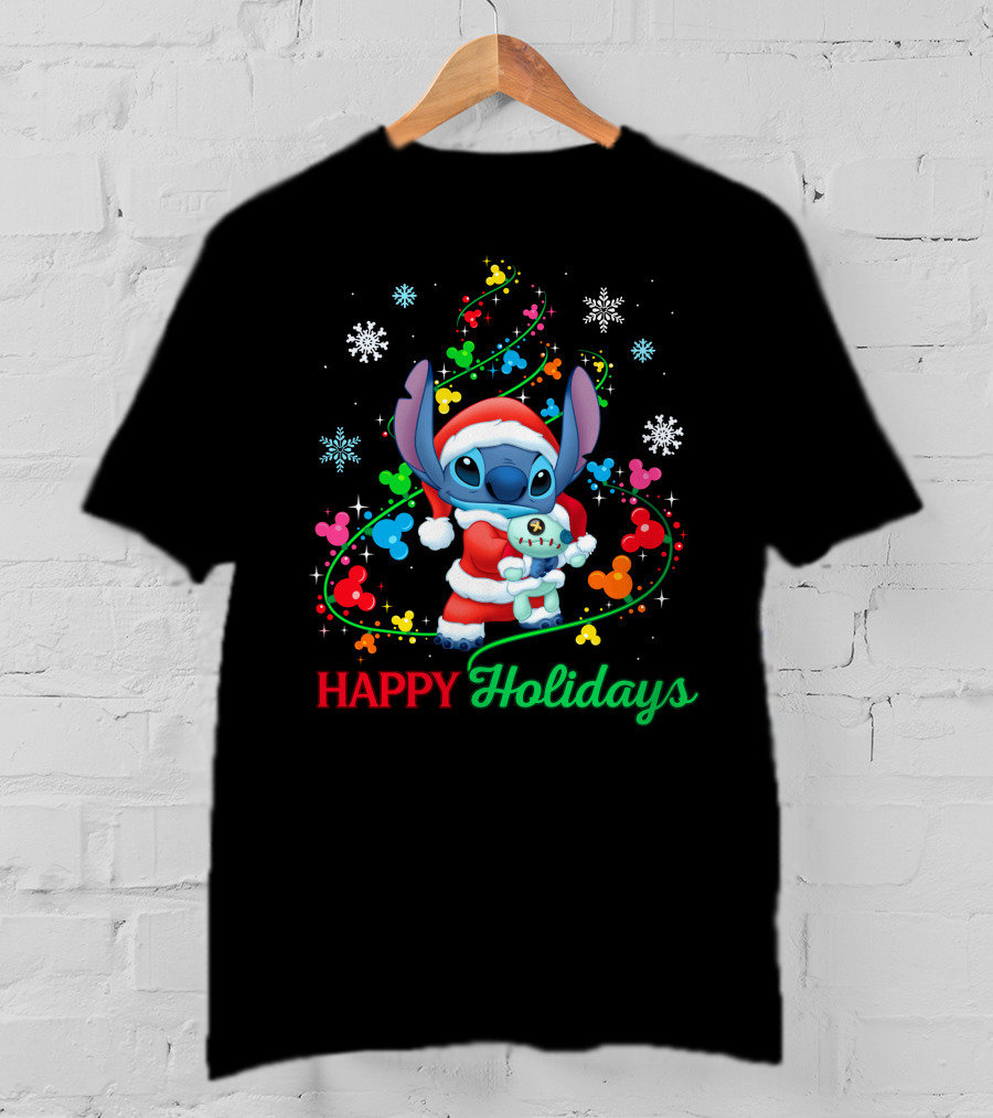 Happy Holidays Stitch Santa With Snowflakes And Mickey Mouse Ears T-Shirt