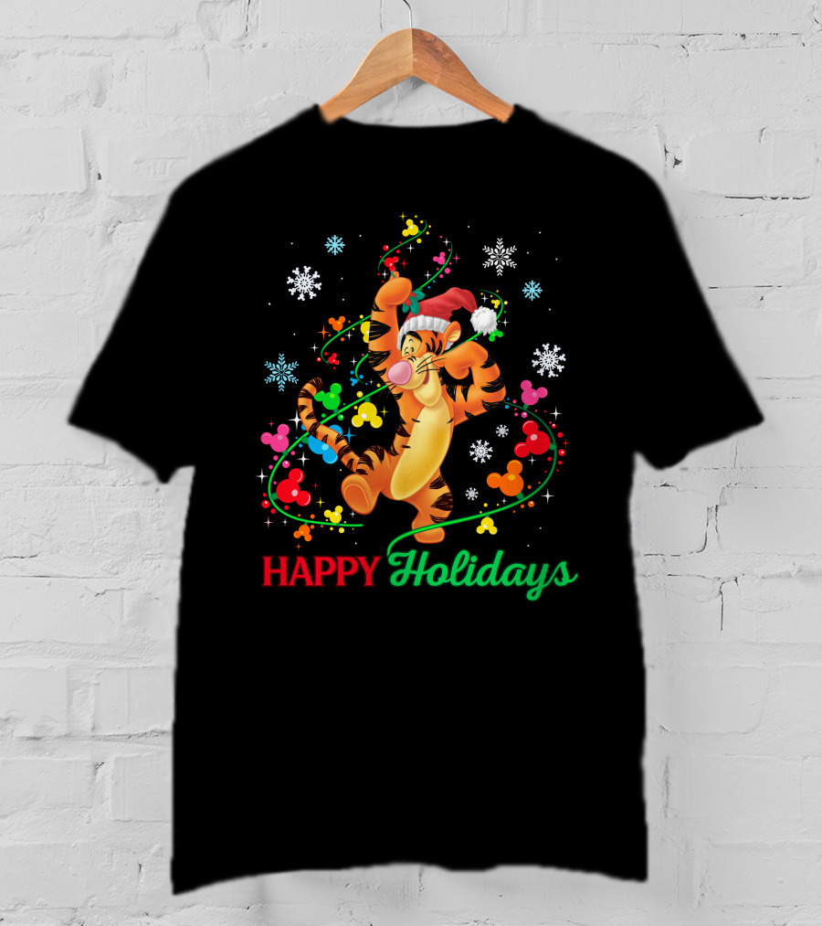Tigger Happy Holidays Santa Hat Colorful Ornaments Mickey Mouse Ears Snowflakes T-Shirt