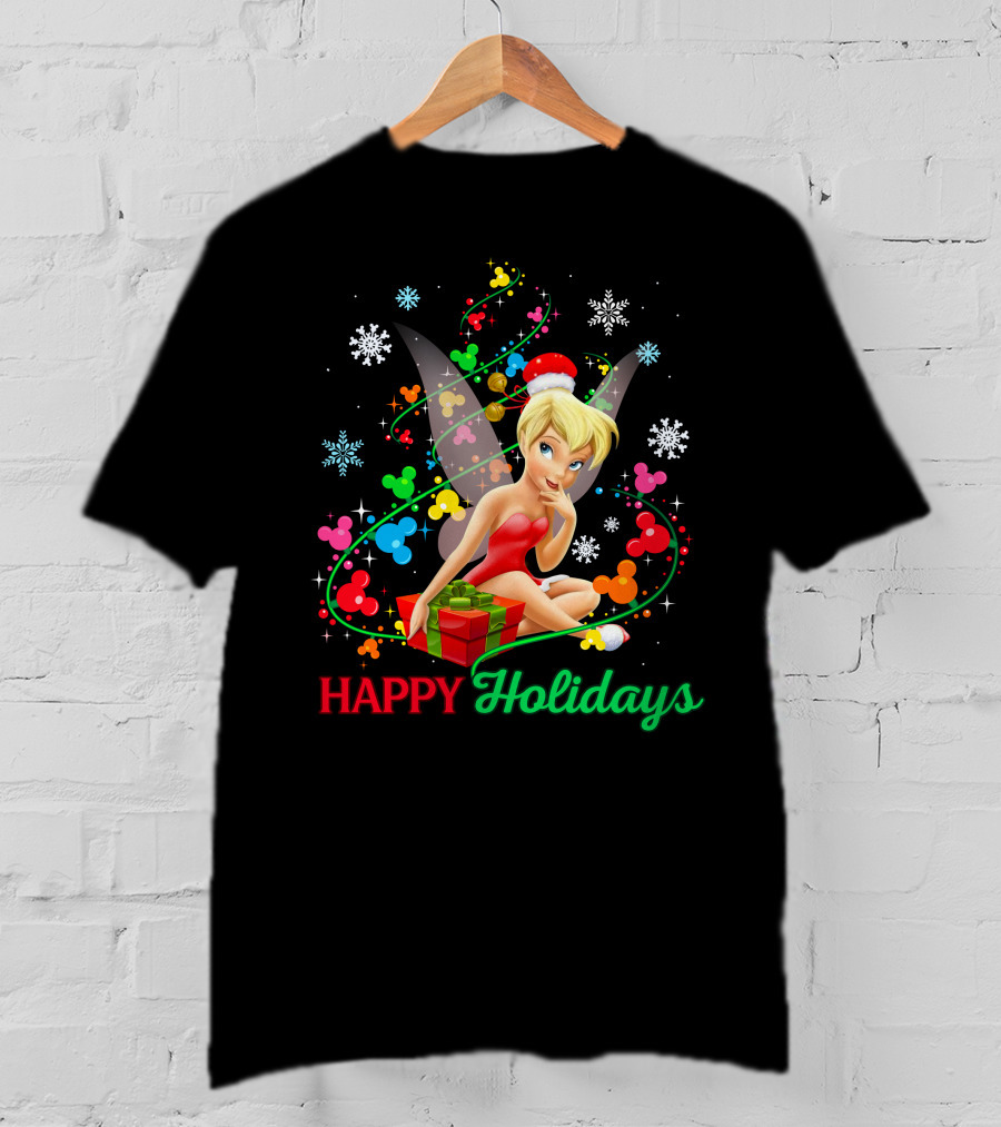 Happy Holidays Tinkerbell Santa Hat And Present T-Shirt