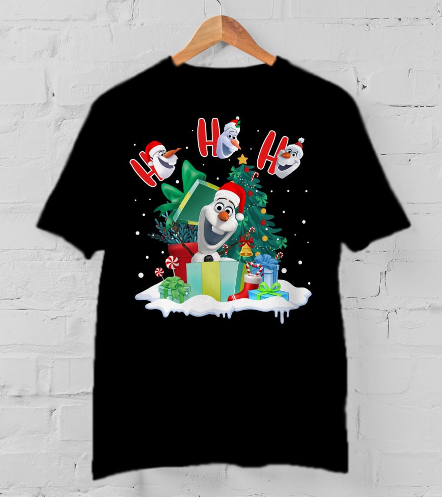 Olaf Christmas Santa Hat Presents Snowman Festive Holiday Tree Ho Ho Ho T-Shirt