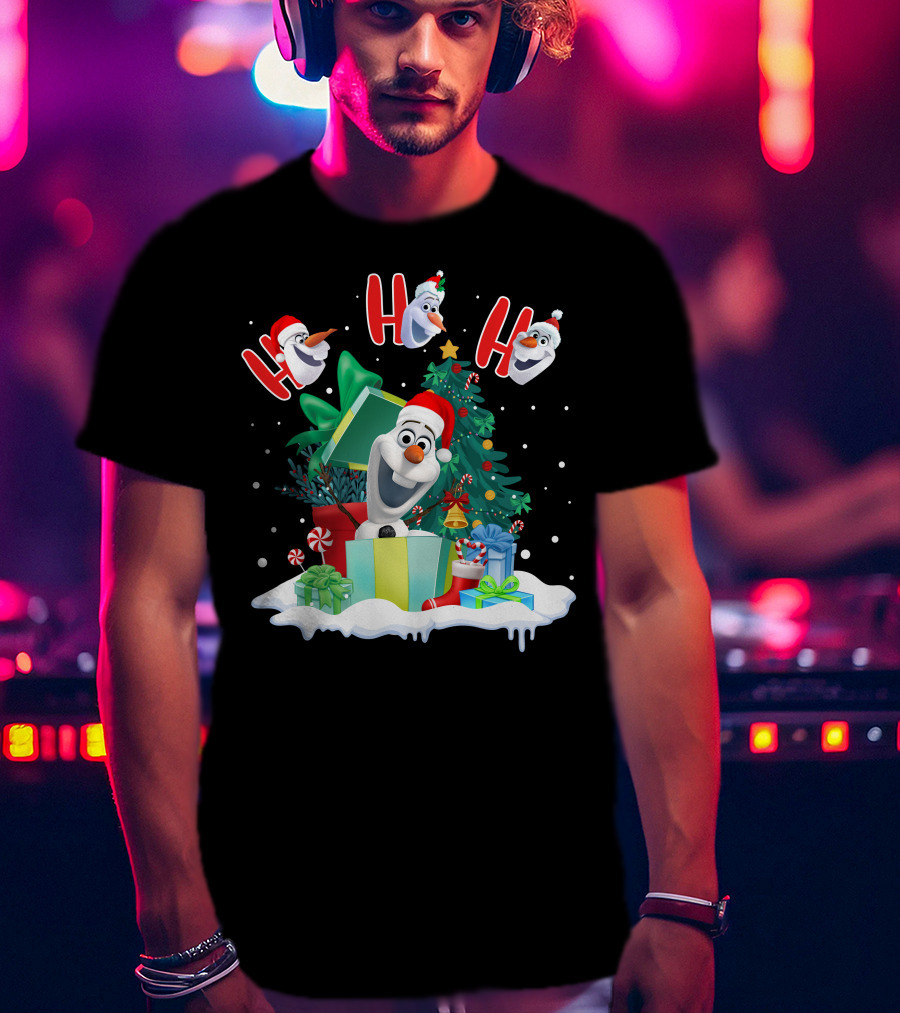 Olaf Christmas Santa Hat Presents Snowman Festive Holiday Tree Ho Ho Ho T-Shirt