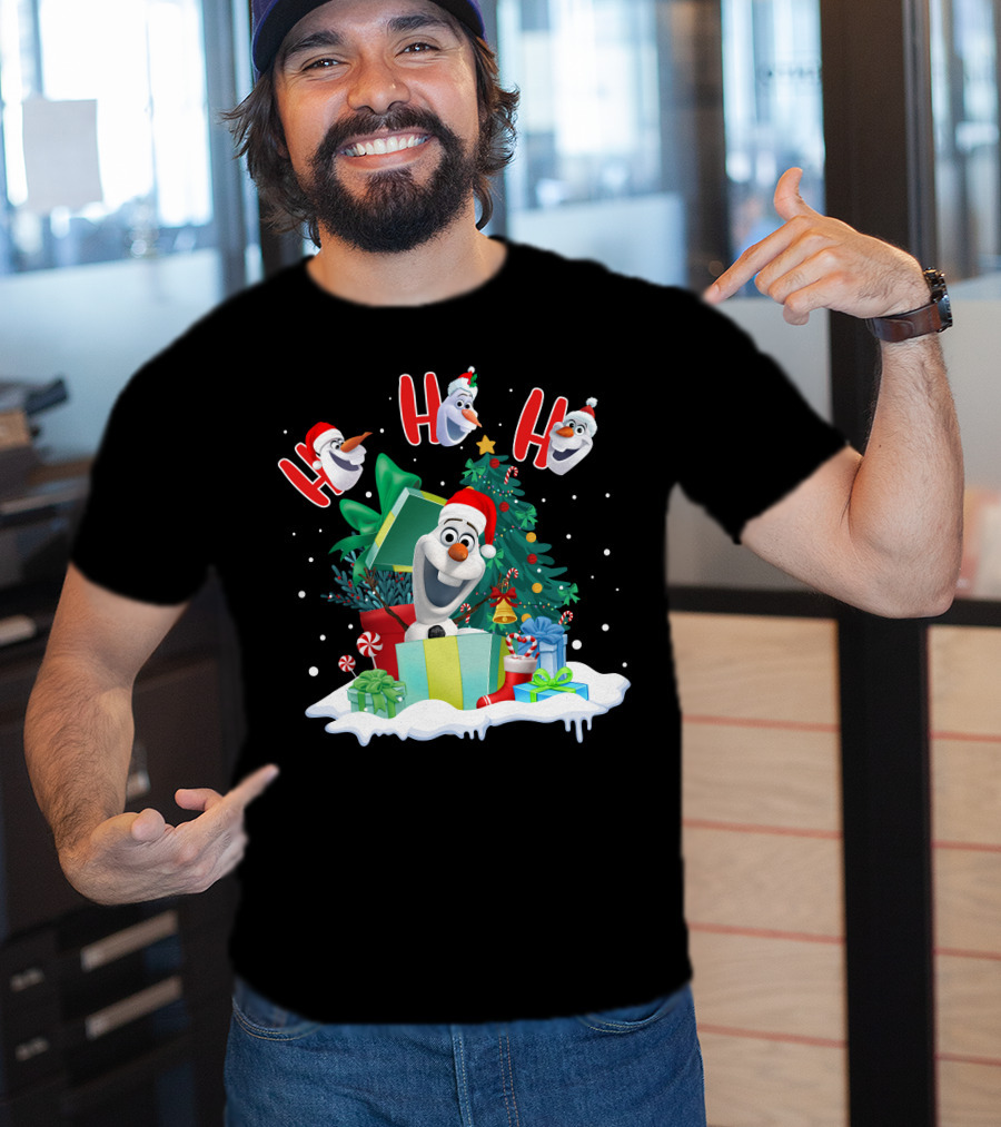 Olaf Christmas Santa Hat Presents Snowman Festive Holiday Tree Ho Ho Ho T-Shirt