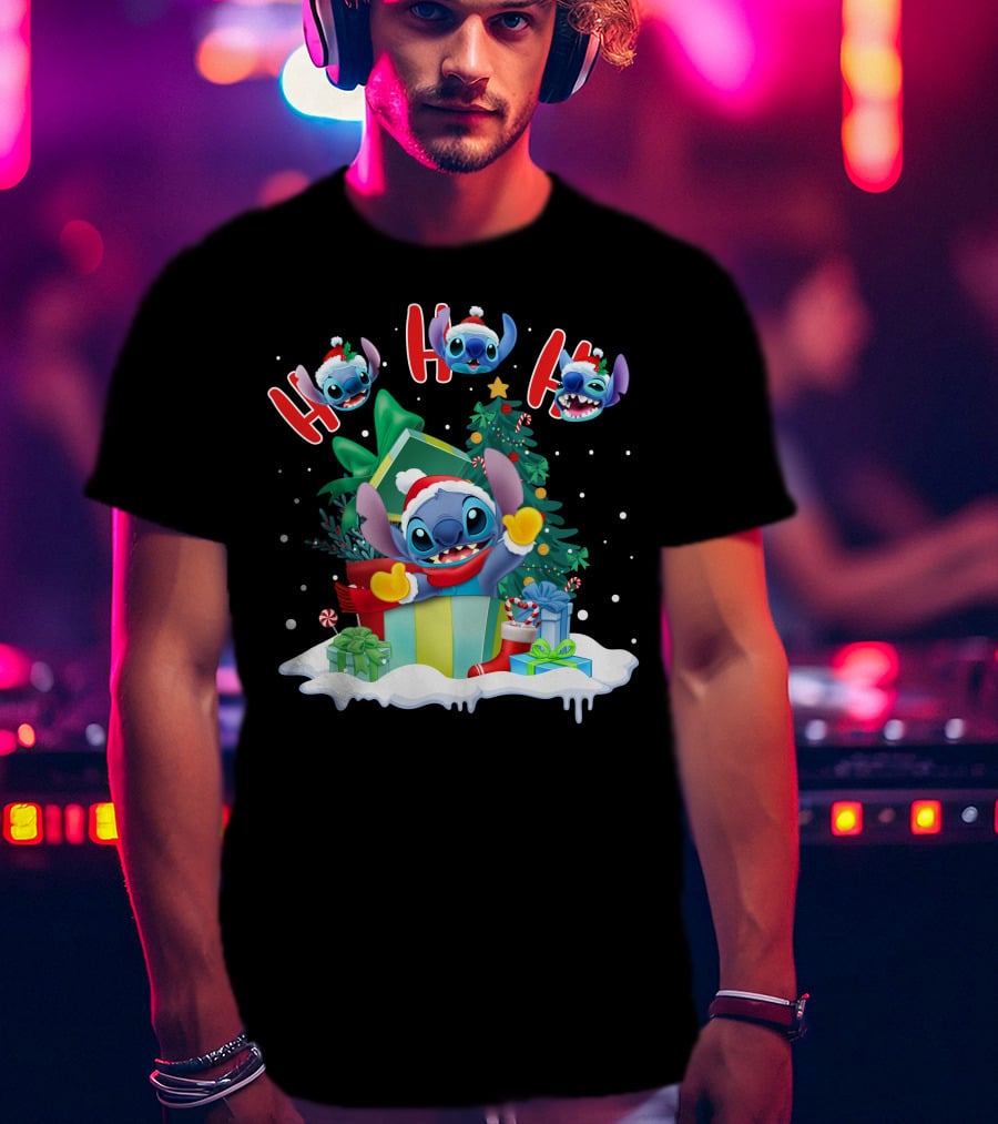 Stitch Holiday Ho Ho Ho Christmas Tree Presents T-Shirt