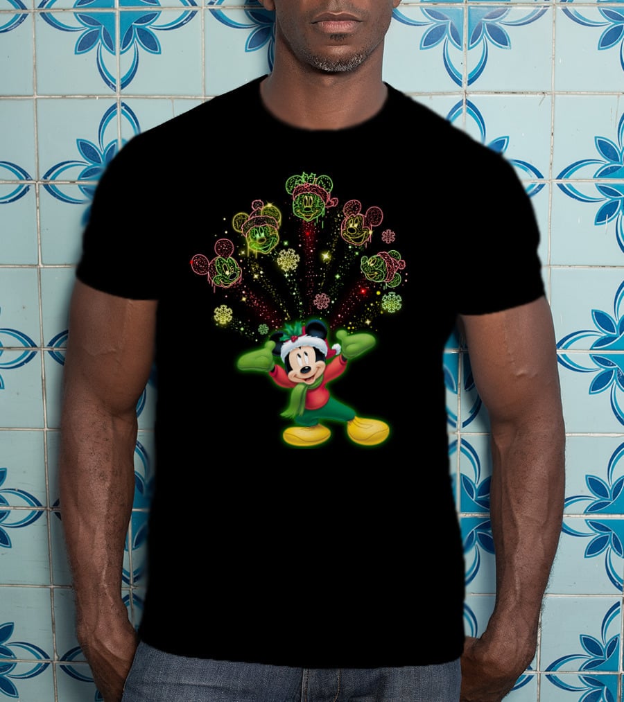 Mickey Mouse Christmas Holiday Cheer With Festive Lights And Snowflakes T-Shirt