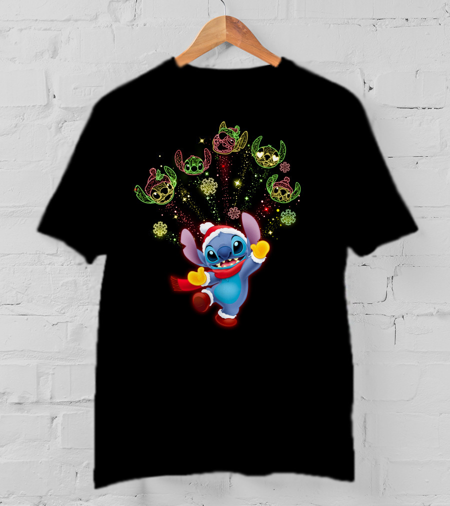 Stitch Holiday Festive Celebration With Santa Hat And Colorful Lights T-Shirt