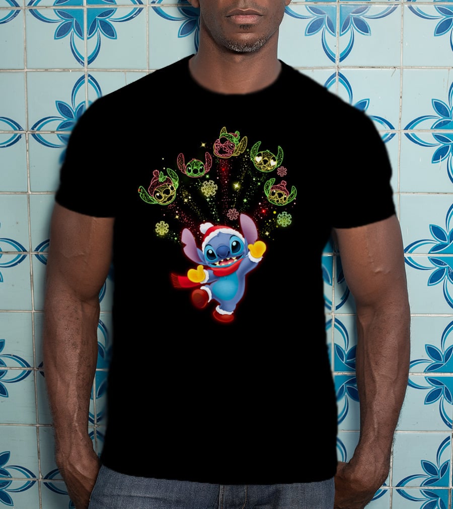 Stitch Holiday Festive Celebration With Santa Hat And Colorful Lights T-Shirt