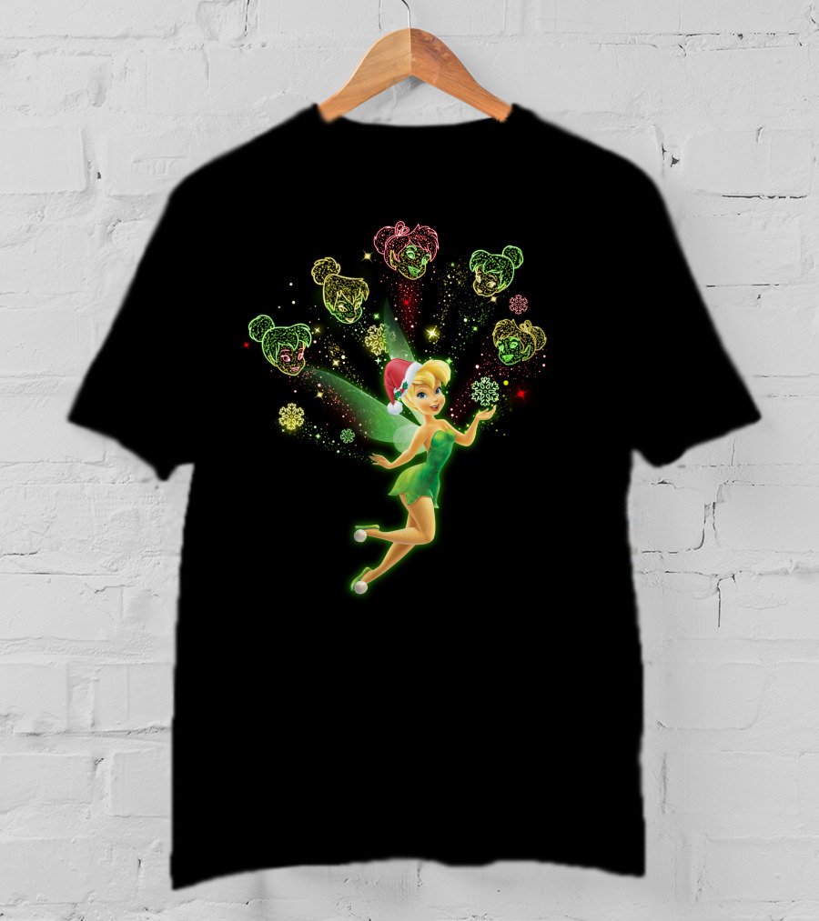 Tinkerbell Christmas Holiday Magic With Santa Hat And Glittering Stars T-Shirt
