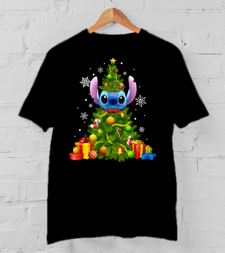 Stitch Christmas Tree With Gifts And Snowflakes T-Shirt