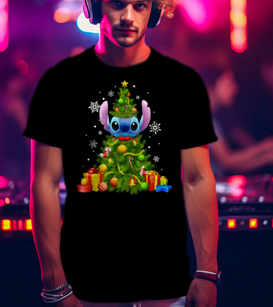 Stitch Christmas Tree With Gifts And Snowflakes T-Shirt