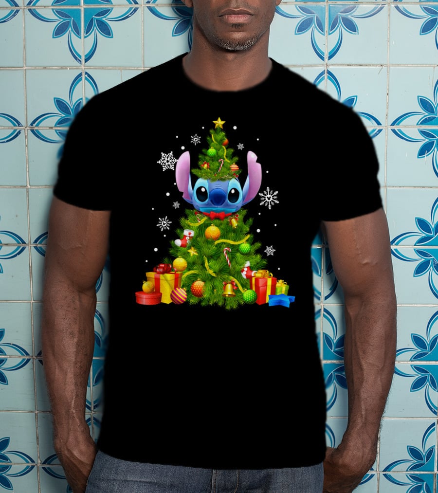 Stitch Christmas Tree With Gifts And Snowflakes T-Shirt