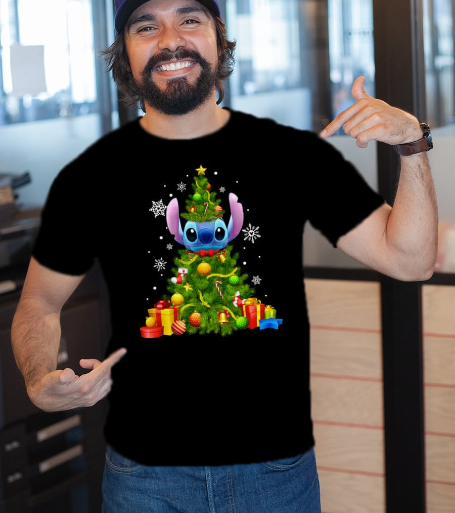 Stitch Christmas Tree With Gifts And Snowflakes T-Shirt