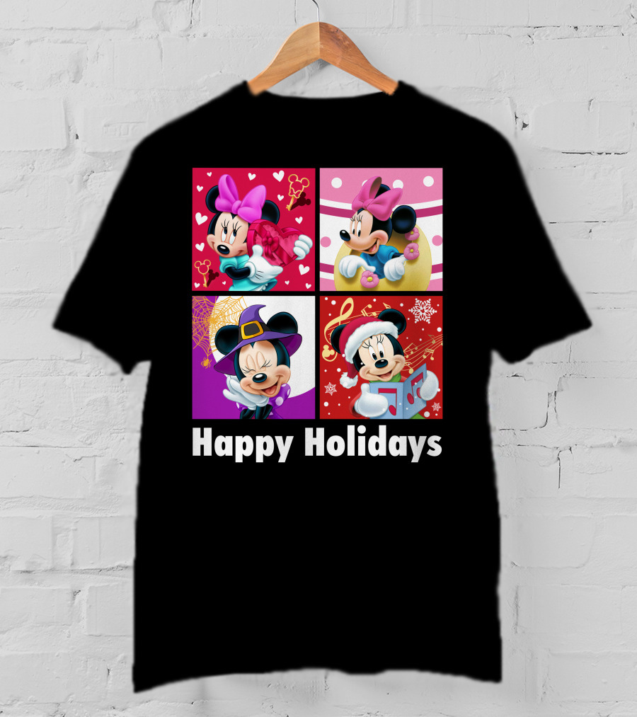 Minnie Happy Holidays With Hearts Bows Witch Hat Santa Hat And Gifts T-Shirt