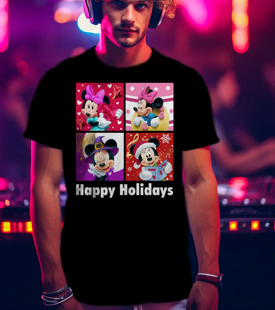 Minnie Happy Holidays With Hearts Bows Witch Hat Santa Hat And Gifts T-Shirt