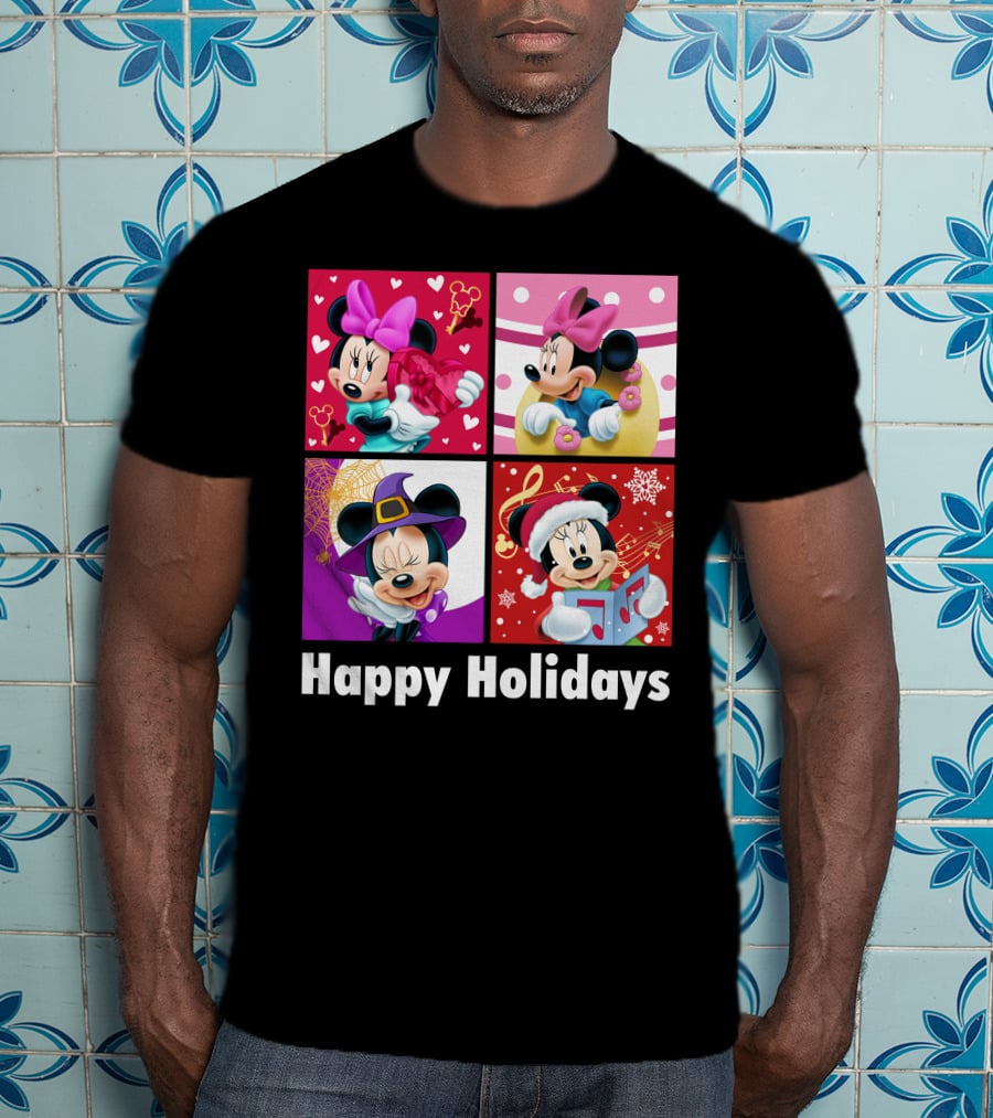 Minnie Happy Holidays With Hearts Bows Witch Hat Santa Hat And Gifts T-Shirt