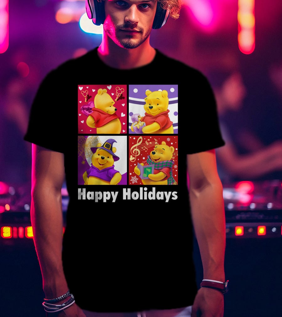 Happy Holidays Pooh Bear Festive Seasonal Celebrations T-Shirt