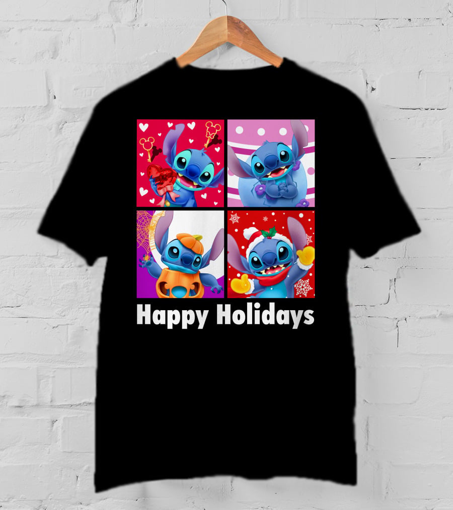 Happy Holidays Stitch Seasonal Mickey Hearts Christmas Pumpkin T-Shirt