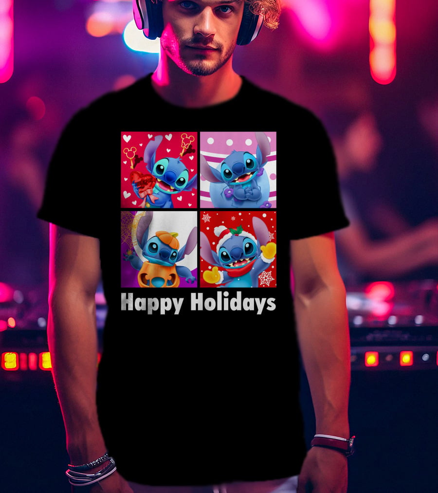 Happy Holidays Stitch Seasonal Mickey Hearts Christmas Pumpkin T-Shirt