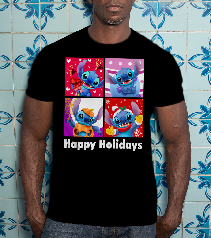 Happy Holidays Stitch Seasonal Mickey Hearts Christmas Pumpkin T-Shirt