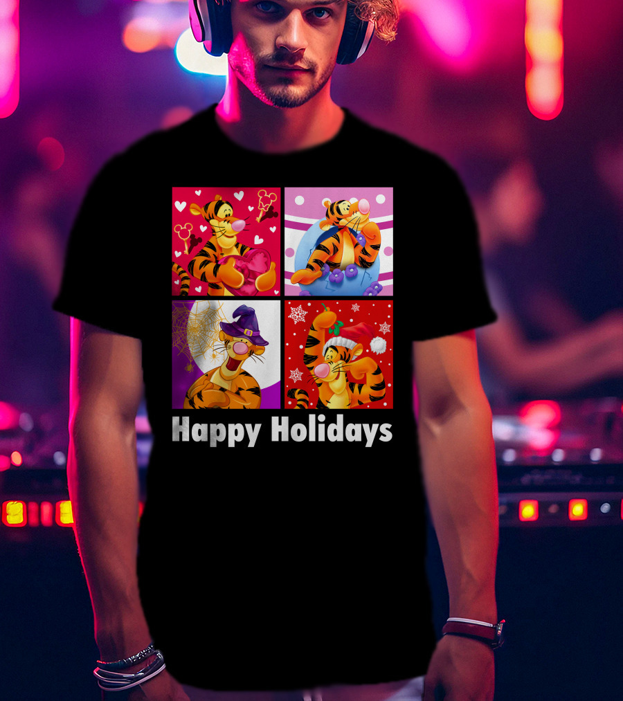 Happy Holidays Tigger Mickey Hearts Santa Halloween T-Shirt