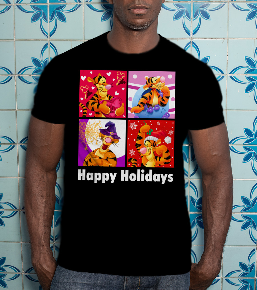Happy Holidays Tigger Mickey Hearts Santa Halloween T-Shirt