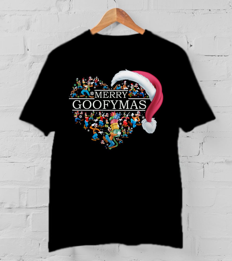 Merry Goofymas Santa Hat Heart Design With Goofy Characters T-Shirt