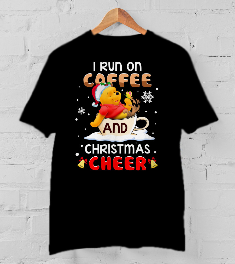 I Run On Coffee And Christmas Cheer Snowflakes Bells Santa Hat Cup Cartoon Bear T-Shirt