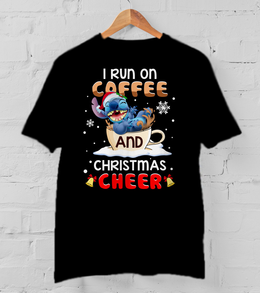 I Run On Coffee And Christmas Cheer Stitch Santa Hat Snowflakes Holiday T-Shirt